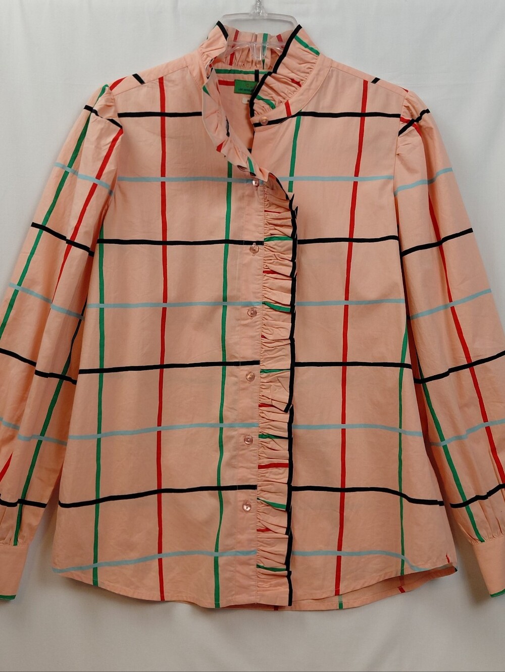 Clare V Ella Blouse Blush Windowpane Women's Size Medium Ruffle